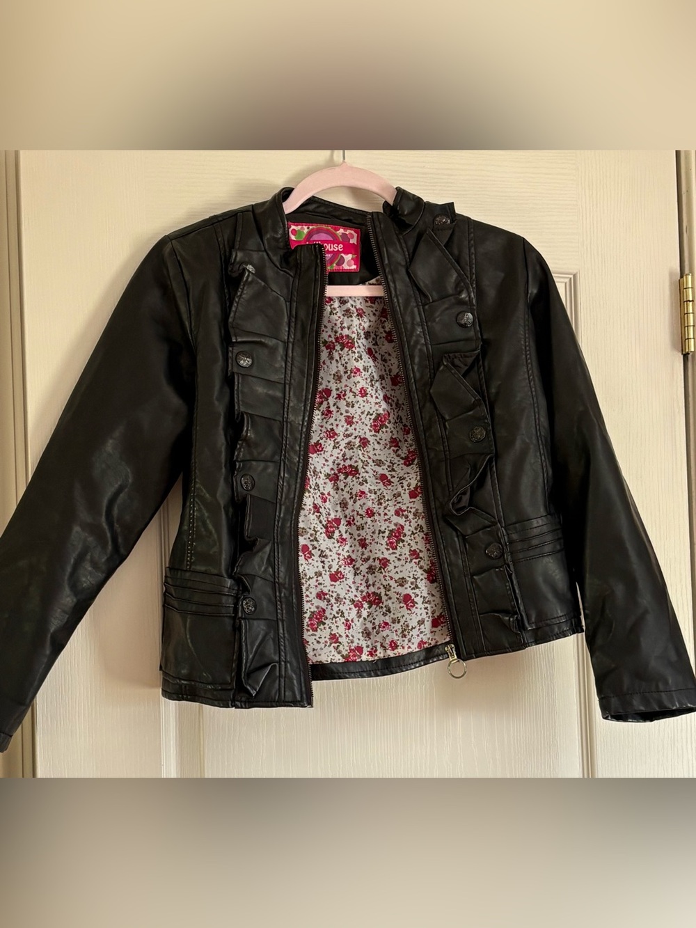 Dollhouse Black Faux Leather Ruffle-Trim Jacket